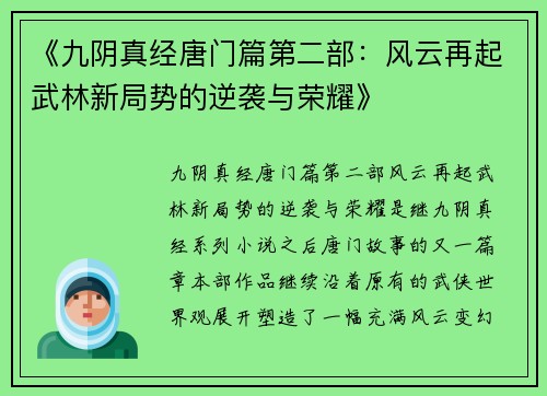 《九阴真经唐门篇第二部：风云再起武林新局势的逆袭与荣耀》